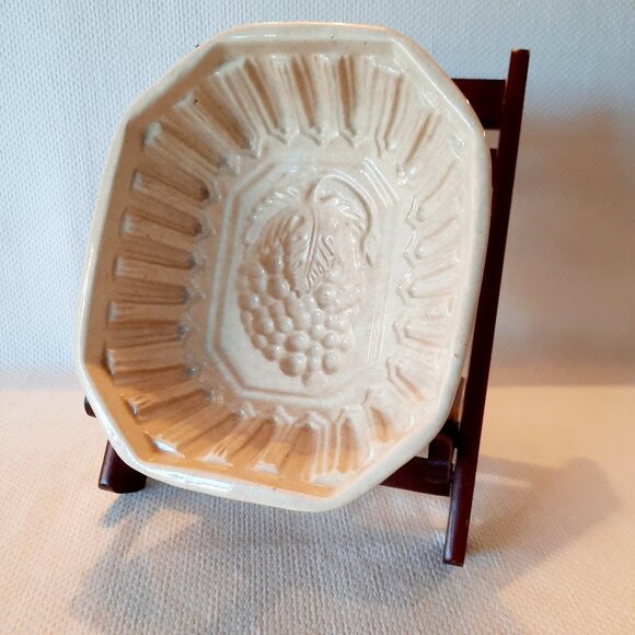 Antique Yellow Ware Butter or Pudding Mold, Grape Motif, 8 1/2" T - Picture 1 of 8